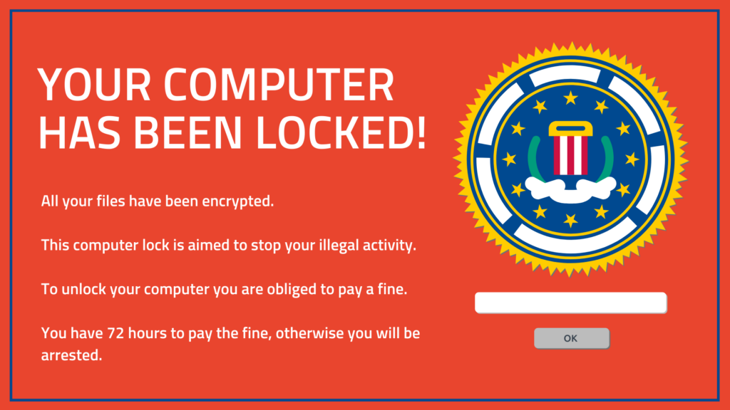 ransomware attack splash screen: a fake FBI alert that lets you know you are a victim of ransomware, and must pay to keep your critical business systems running